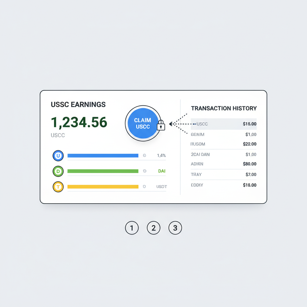 dashboard showing USDC earnings, smart contract claim button, charts with stablecoin icons