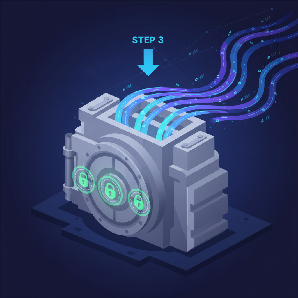 data streams flowing into shielded vault, privacy locks glowing