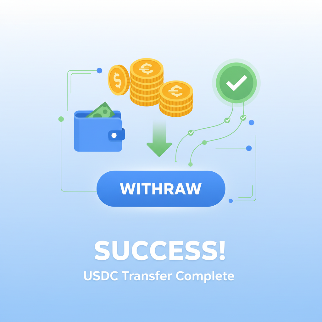 withdraw button on crypto app, USDC coins transferring, success animation