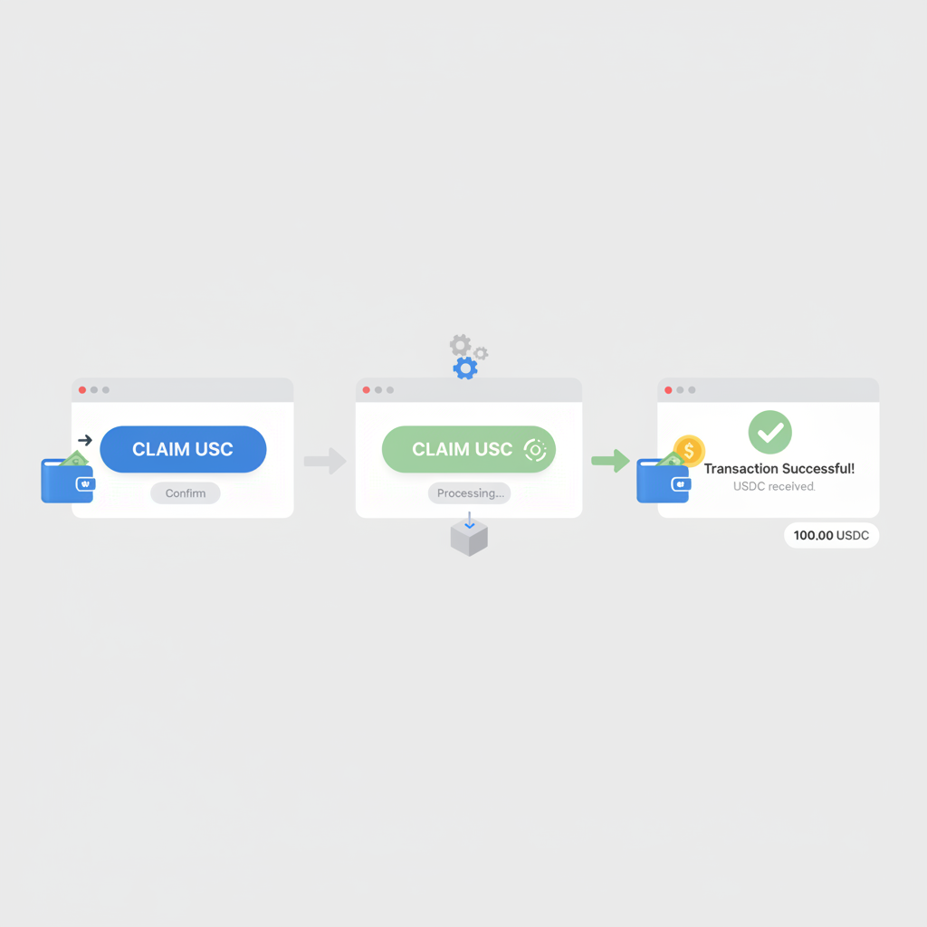 claiming USDC button on blockchain interface, transaction success, wallet receive