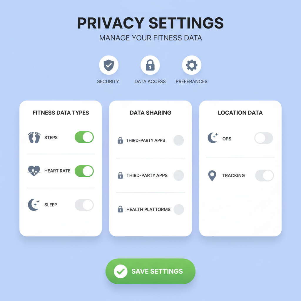 privacy settings dashboard with toggles for fitness data types like steps heart rate sleep, secure lock icons