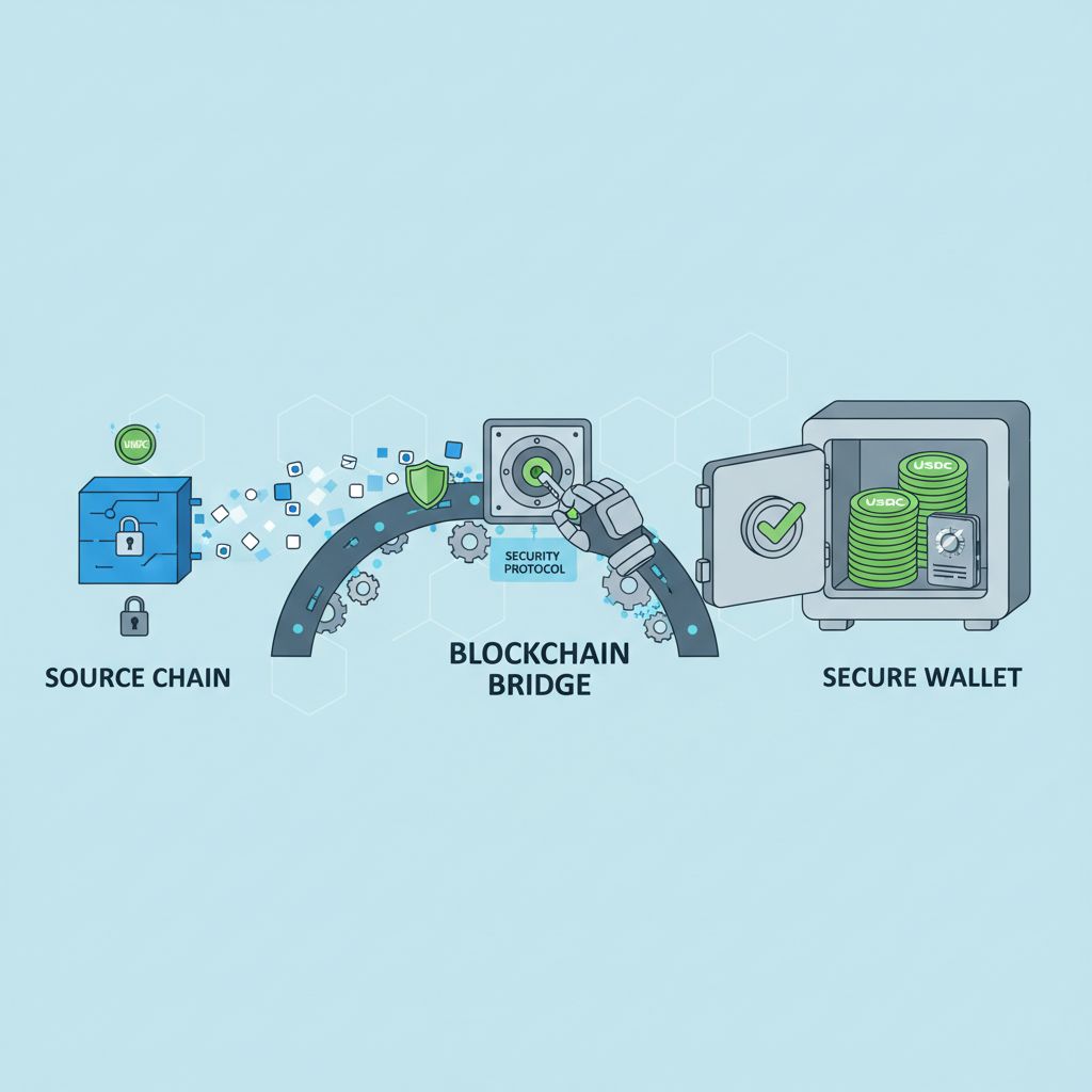withdrawing USDC to secure wallet, blockchain bridge visualization, safety vault theme