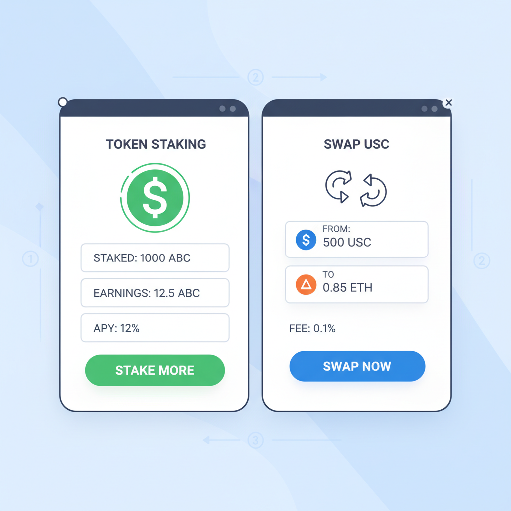crypto dashboard showing token staking and USDC swap interface