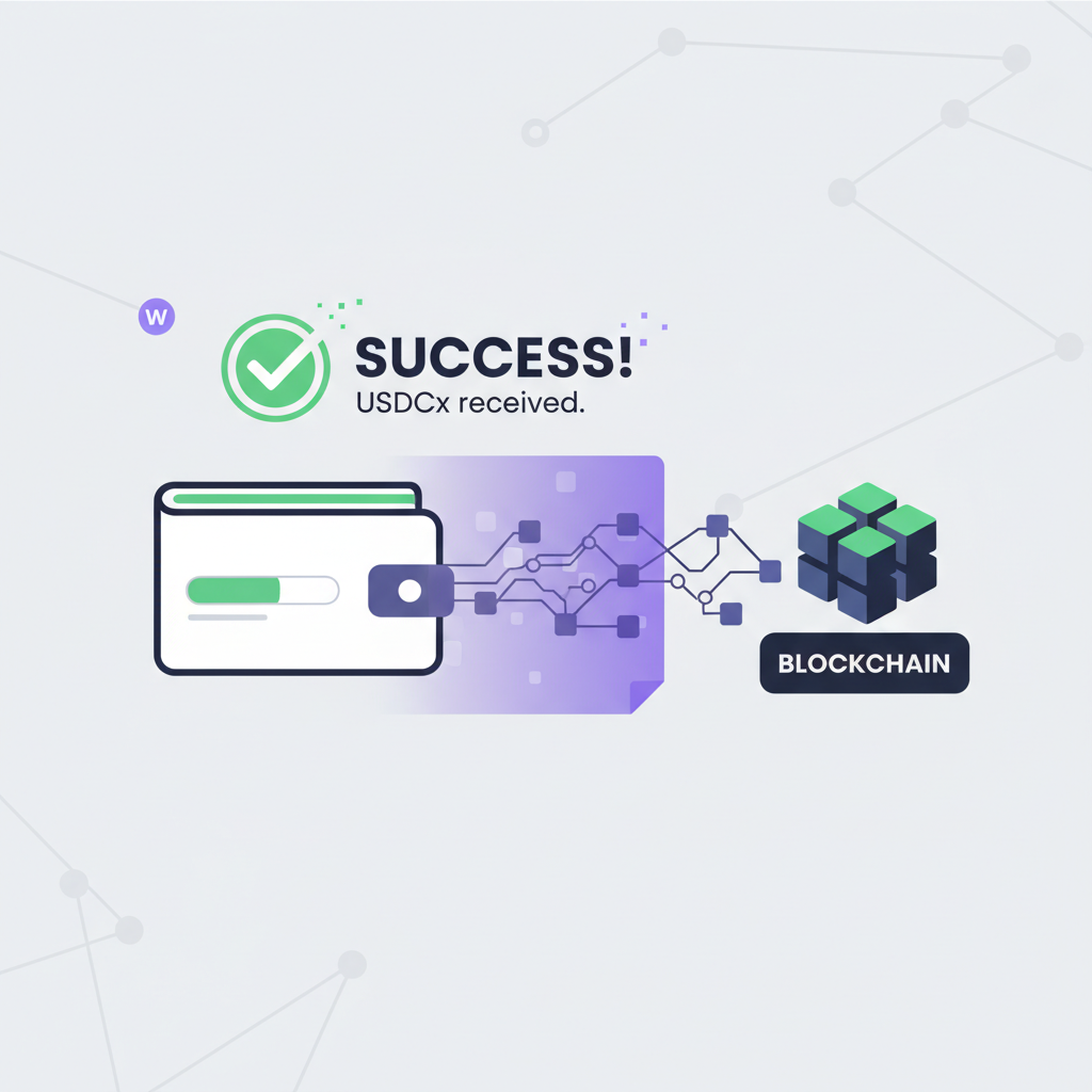 wallet receiving USDCx payout, blockchain transaction with privacy veil, success animation