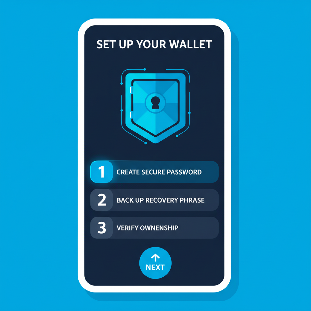 mobile app screen showing crypto wallet setup, futuristic vault icon, blue tones