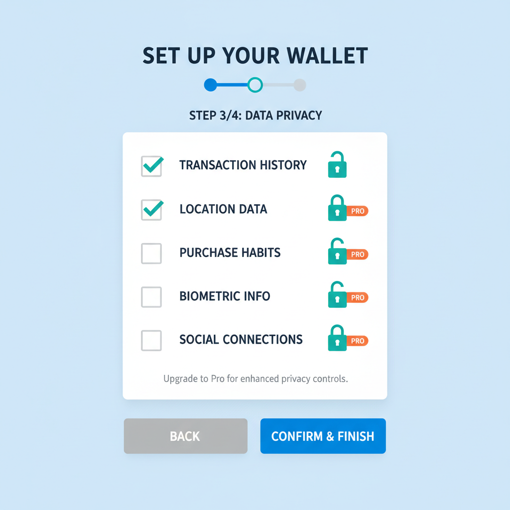 wallet setup screen with data category checkboxes, lock icons for privacy