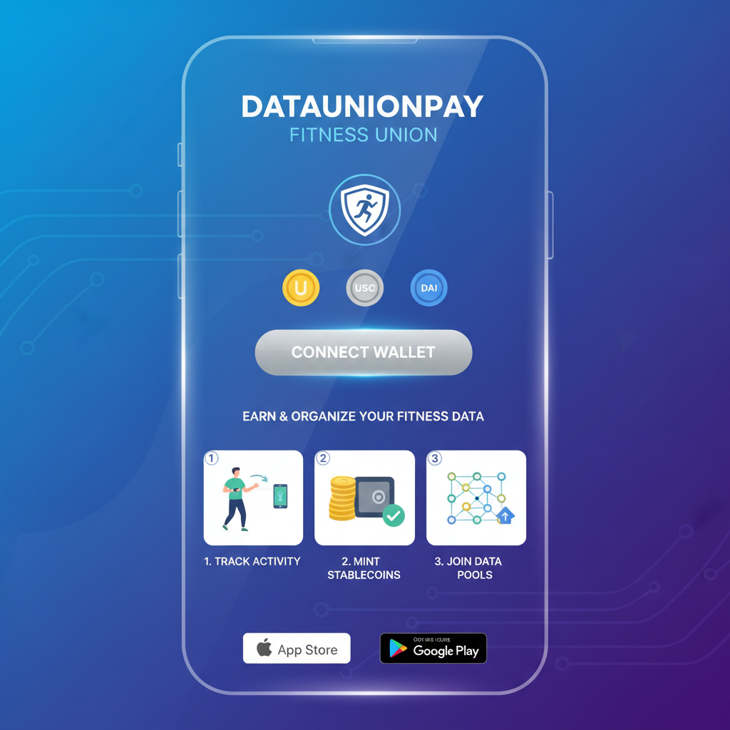 sleek mobile app download screen for DataUnionPay fitness union, futuristic UI with wallet connect button, stablecoin icons