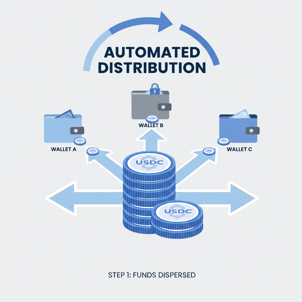 USDC coins distributing to multiple wallets, automated arrows